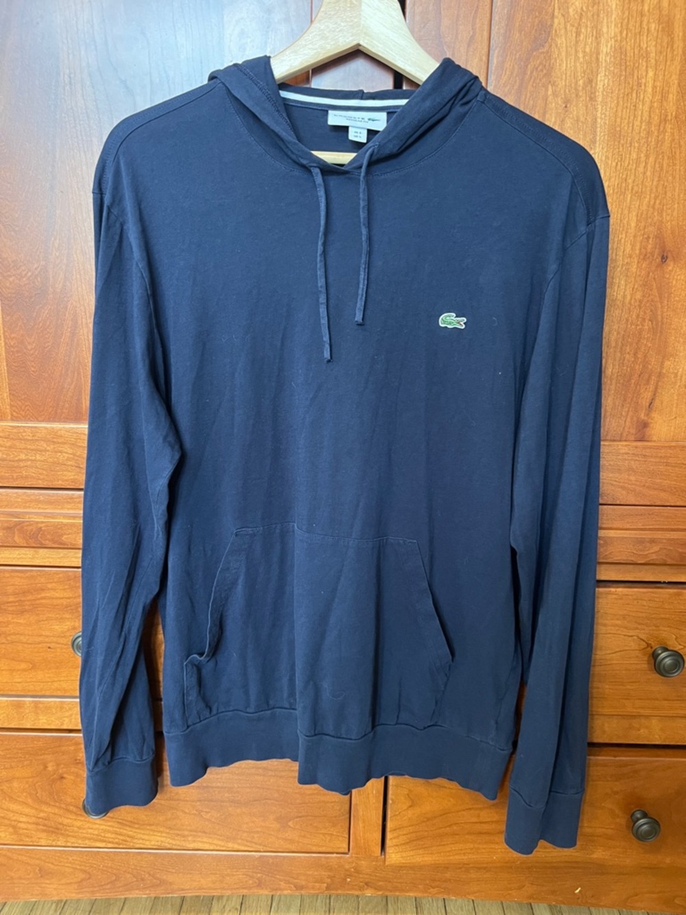 Lacoste Hoodie Jersey Long Sleeve Tee Shirt with Kangaroo Pocket - Navy large